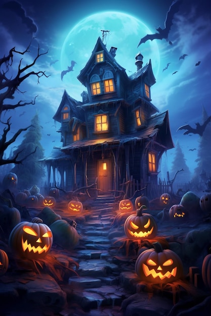 halloween house with pumpkins and bats in front of it generative ai