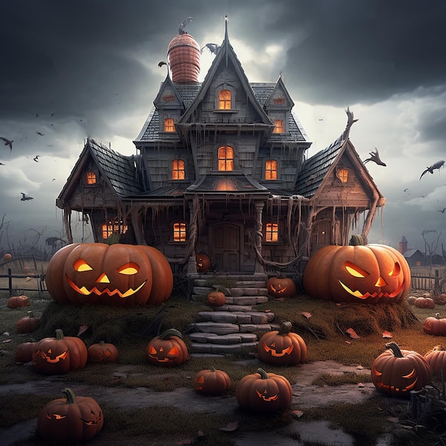 A halloween house with pumpkins on the front and a halloween scene in the background.