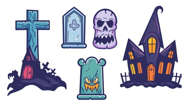 Photo halloween icons haunted houses ghost and skull