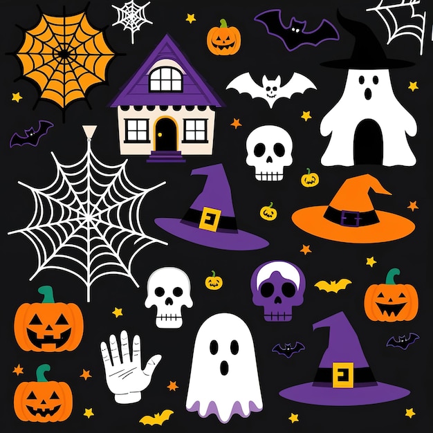 Photo halloween icons set with haunted houses ghosts bats pumpkins and spiders