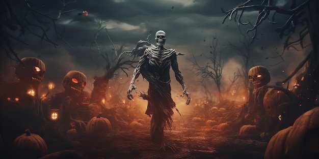 Halloween idea of a terrible fantasy setting with a horde of walking zombies Generative Ai