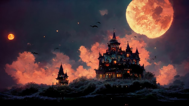 Halloween illustration of a amazing view of a castle and bats in the sky in the night.