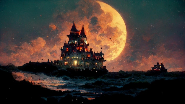 Halloween illustration of a amazing view of a castle and bats in the sky in the night.