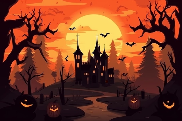 A halloween illustration of a castle with bats and pumpkins.