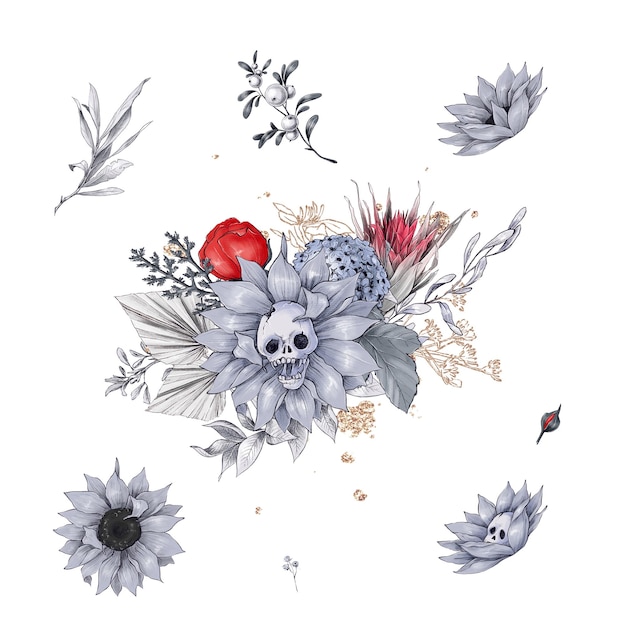 Halloween illustration of evil bouquets of roses and sunflowers with teeth and skulls