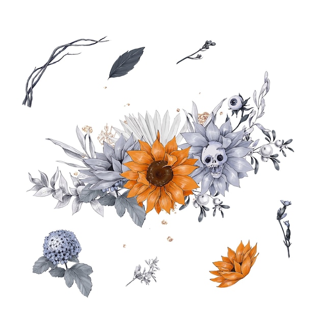 Halloween illustration of evil bouquets of roses and sunflowers with teeth and skulls