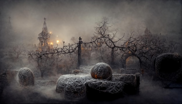 Halloween illustration haunted house with pumpkins.realistic halloween festival illustration.