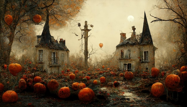 Halloween illustration haunted house with pumpkins.realistic halloween festival illustration.