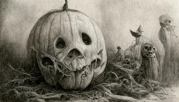 Halloween illustration pencil drawing style Spooky horror Halloween background 3D illustration