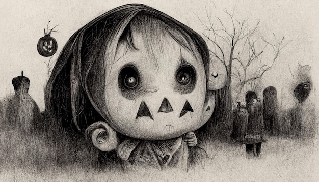 Halloween illustration pencil drawing style Spooky horror Halloween background 3D illustration