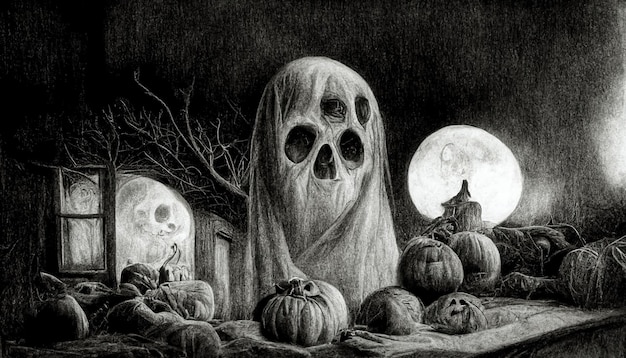 Halloween illustration pencil drawing style Spooky horror Halloween background 3D illustration