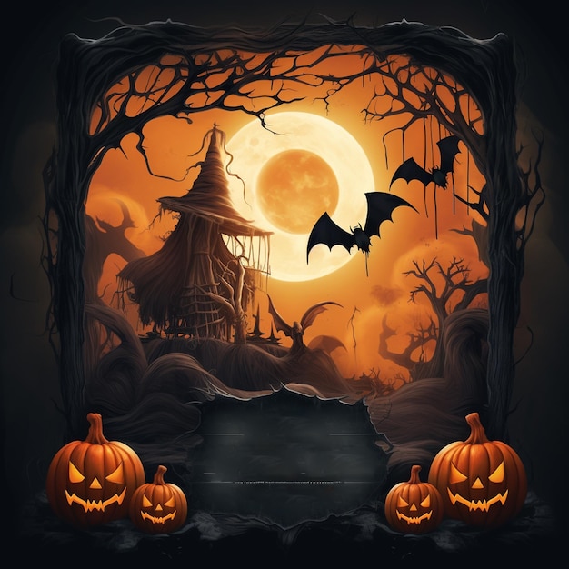 a halloween illustration of a pumpkin patch with bats flying in the background