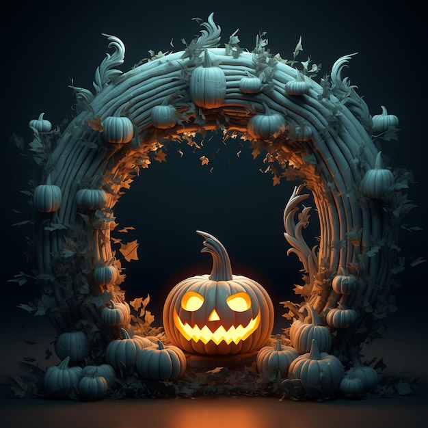 Halloween illustration A round arch and a glowing pumpkin in the center Generative AI