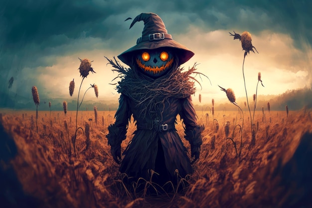 Halloween illustration of spooky scarecrow in gloomy field