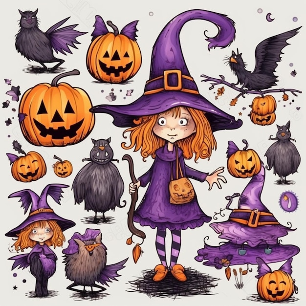 A halloween illustration of a witch with pumpkins and a witch hat.