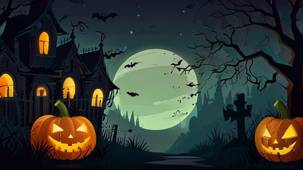 a halloween illustration with a pumpkin and bats on it