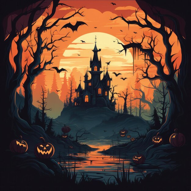 halloween illustration with silhouette of castle at glowing moon and dead trees near