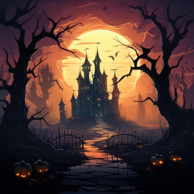 halloween illustration with silhouette of castle at glowing moon and dead trees near