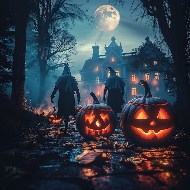 Halloween image background with Pumpkin spooky moments witches bats ghosts moonlit night