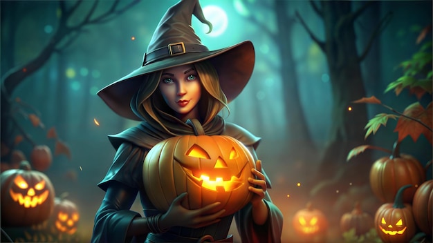 Halloween Inspired 3d Illustration Enchanting Witch Embracing A Pumpkin Background