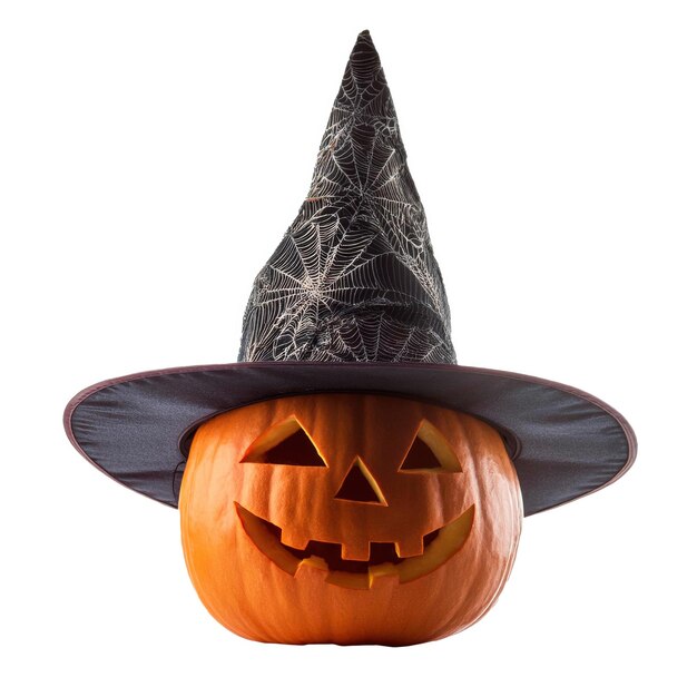 Photo halloween jack o lantern pumpkin with a witch hat isolated on a white background