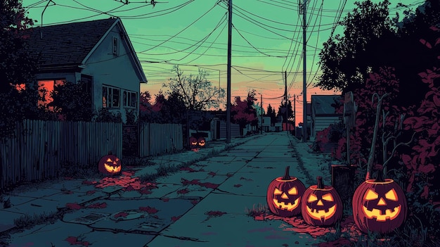 Halloween JackoLanterns on a Suburban Street at Dusk