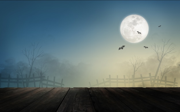 Halloween landscape with full moon and bats