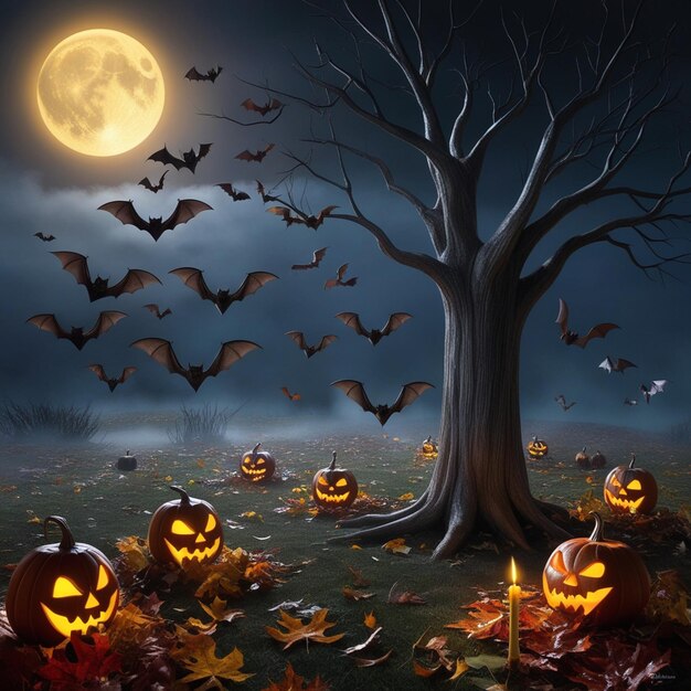 Halloween landscape with pumpkin and dark style