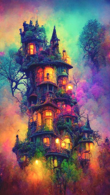 Halloween magical fairytale haunted treehouse castle with a colorful background