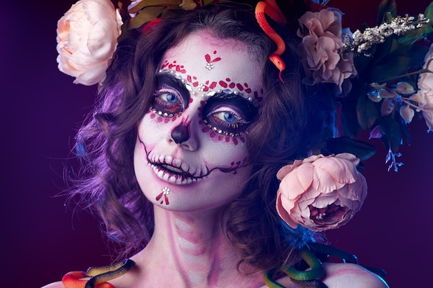 Halloween make up sugar skull beautiful model