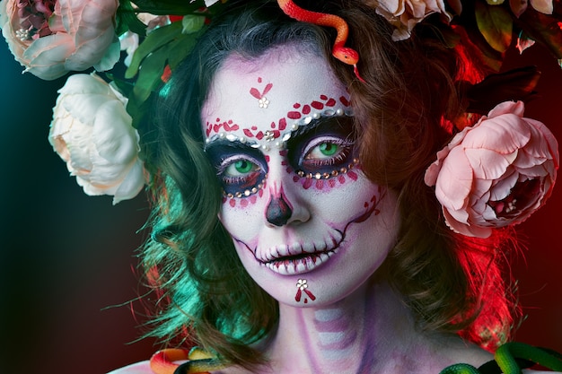 Halloween make up sugar skull beautiful model