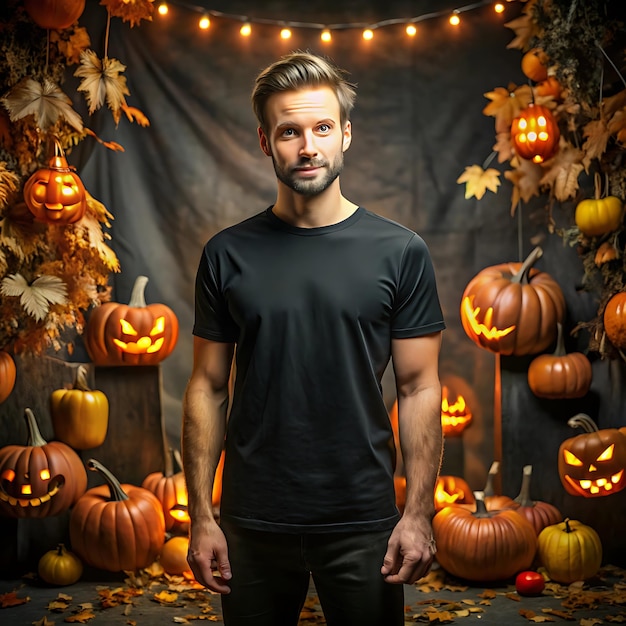 Halloween Man Black Tshirt Mockup Black Tshirt Mockup with Halloween decoration