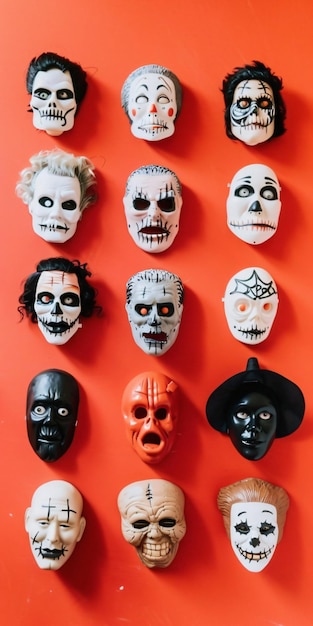 Photo halloween masks hanging on a red wall forming a background