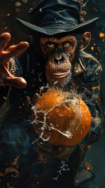 Halloween Monkey in Costume Holding Splashing Pumpkin Amidst Dramatic Sparks