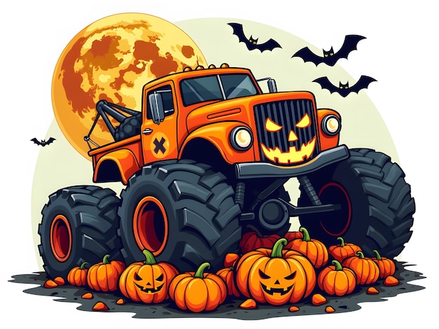 Halloween Monster Truck with JackoLantern Design Spooky Cartoon Illustration