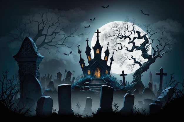 Halloween night backdrop of a frightening castle with a cemetery