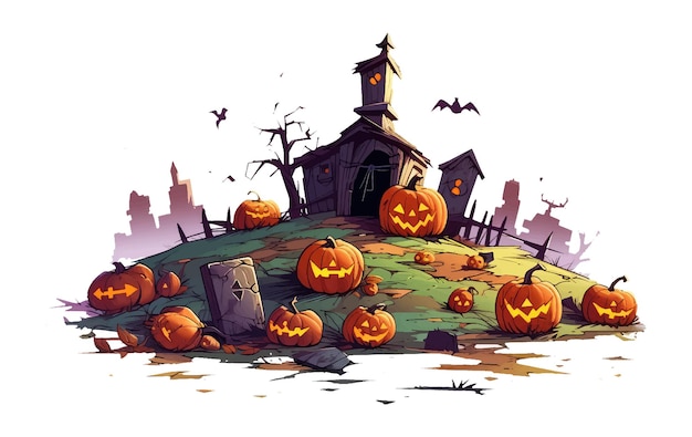 Halloween night background pumpkins and dark castle