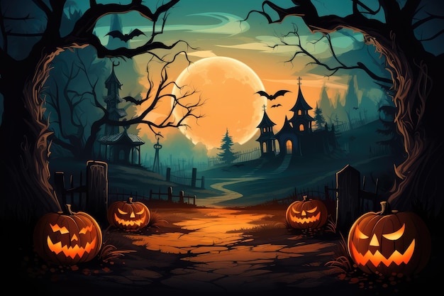 Halloween night background with haunted house and pumpkins