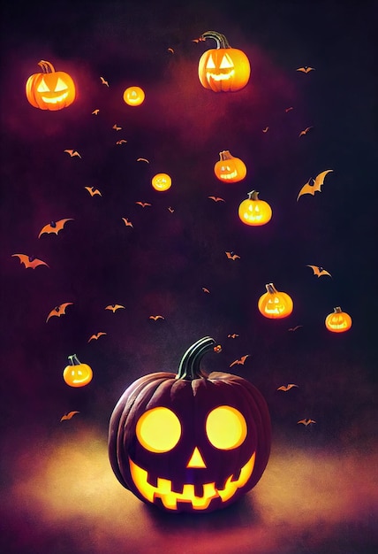 Halloween night background with pumpkin and flying bats