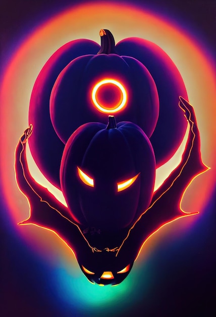 Halloween night background with pumpkin on the glowing neon bat monster