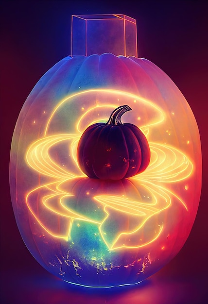 Halloween night background with pumpkin and glowing neon elements Digital painting Halloween style