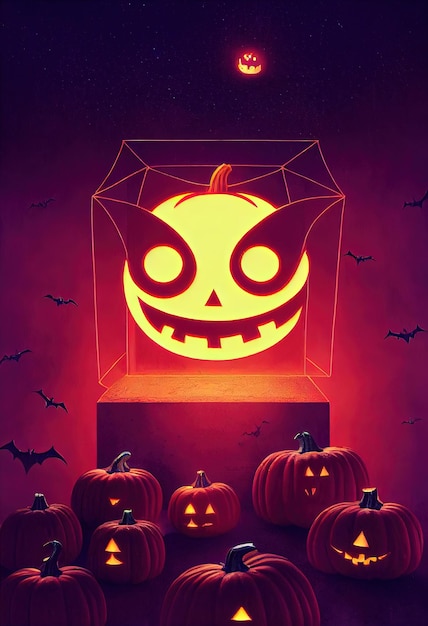 Halloween night background with pumpkin and a glowing neon stand Lamp shaped as a cube