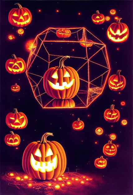 Halloween night background with pumpkin and a glowing stand shaped as web