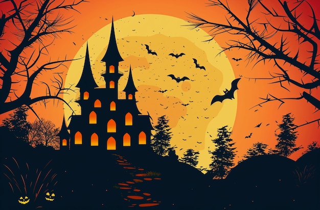 Photo halloween night background with pumpkins spooky haunted house full moon bats and webs