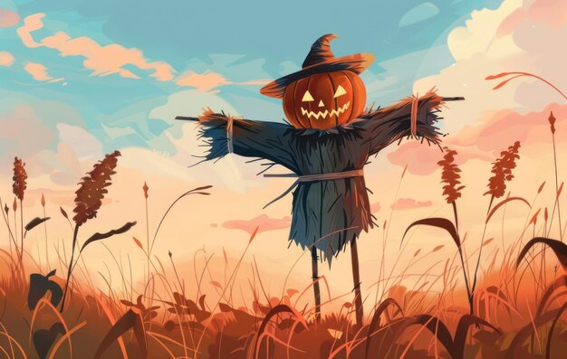 Photo halloween night background with scarecrow and pumpkin illustration style