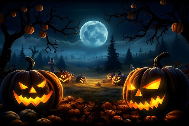 Halloween night creepy pumpkins background with full moon Scary haunted graveyard and a spooky trees