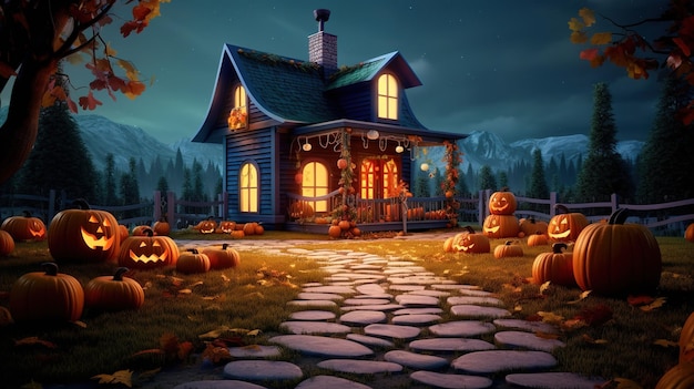 Halloween Night Illuminated in Eerie Illustration Generative AI