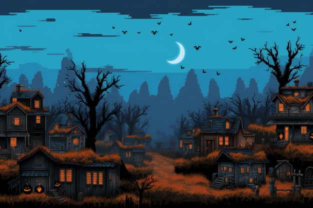 Halloween night landscape with haunted houses and full moon