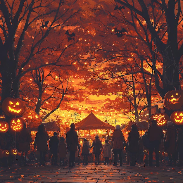 Halloween Night Market with JackoLanterns and Festive Crowd