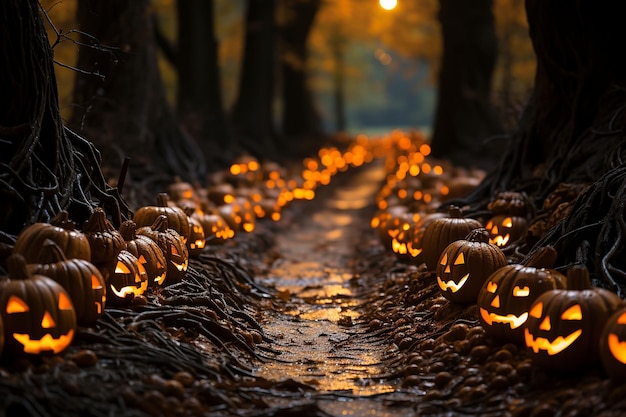 Halloween night pumpkin path in forest AI generated